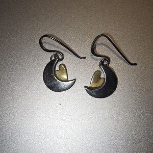 Mixed Metal Crescent Moon & Heart Dangle Earrings - Silver and Gold